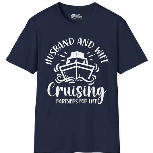 Husband and Wife Cruising Partners for Life Nautical Couples Shirt — T-Shirt T-Shirt – Navy – Best Cruise Shirts