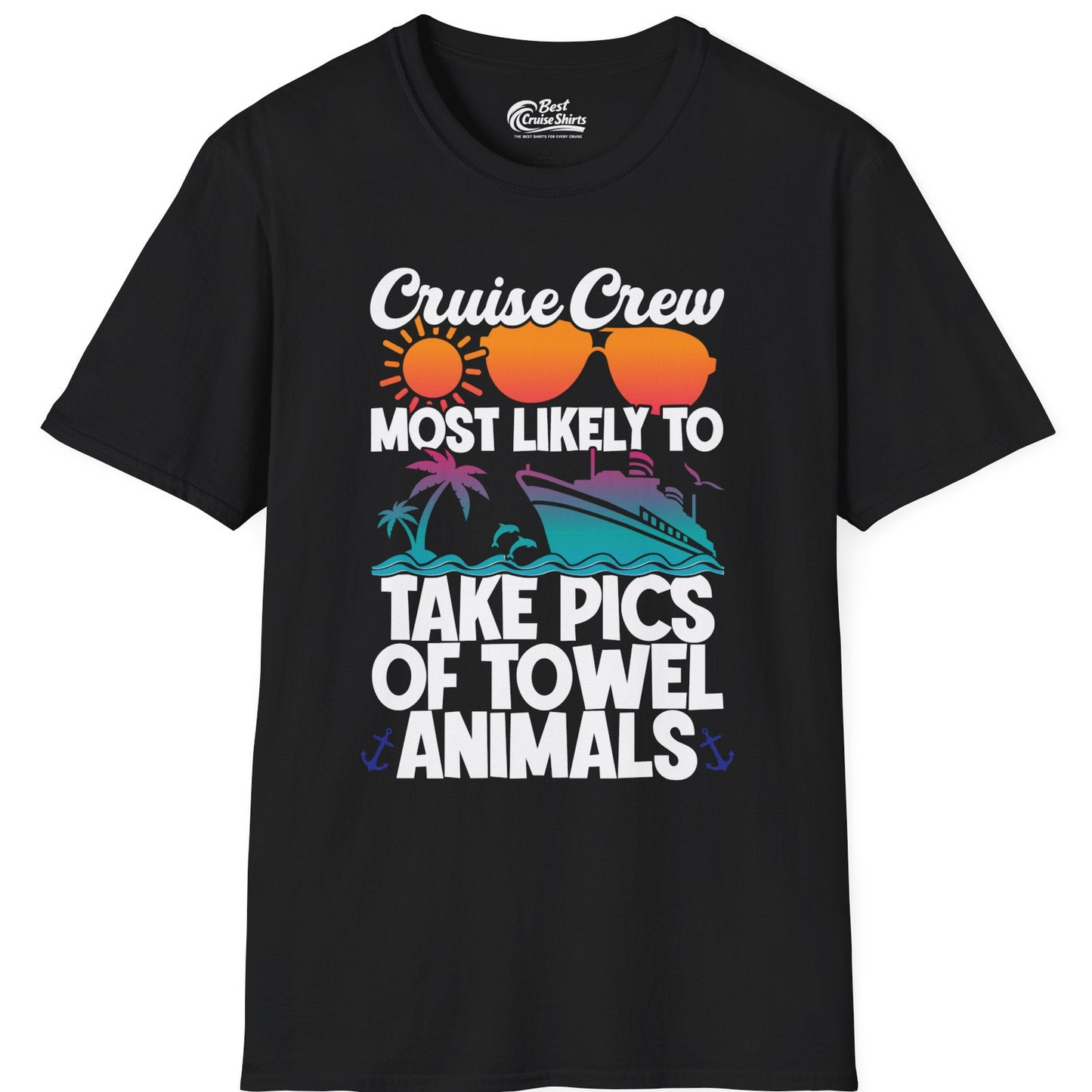 Cruise Crew Towel Animal Photo Squad Tropical Sunset Shirt — T-Shirt T-Shirt – Black – Best Cruise Shirts