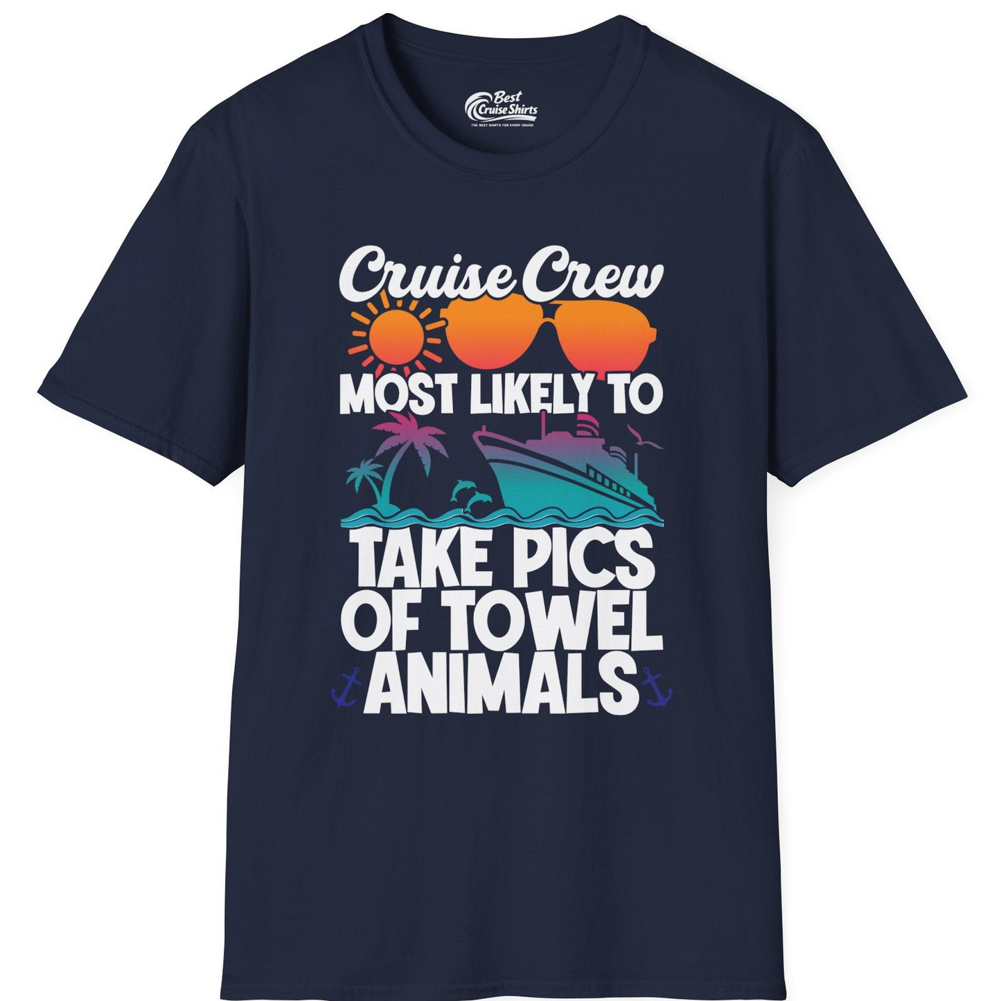Cruise Crew Towel Animal Photo Squad Tropical Sunset Shirt — T-Shirt T-Shirt – Navy – Best Cruise Shirts