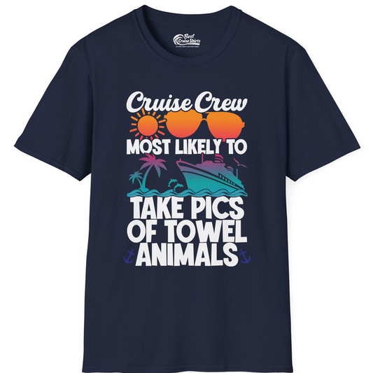 Cruise Crew Towel Animal Photo Squad Tropical Sunset Shirt — T-Shirt T-Shirt – Navy – Best Cruise Shirts