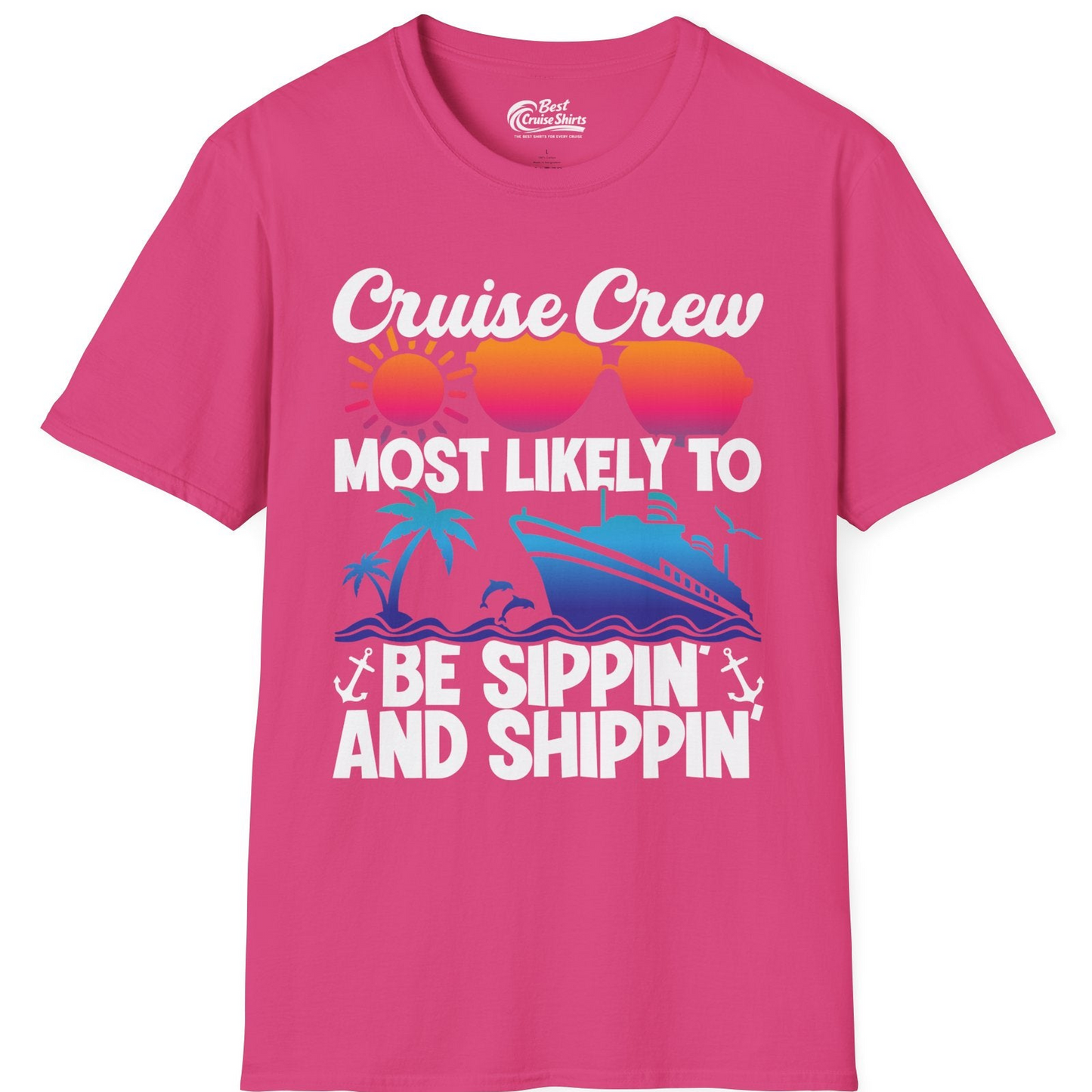 Cruise Crew Sippin and Shippin Tropical Nautical Party Shirt — T-Shirt T-Shirt – Heliconia – Best Cruise Shirts