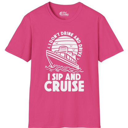 I Sip and Cruise Funny Cruise Drinking Shirt with Ship Illustration — T-Shirt T-Shirt – Heliconia – Best Cruise Shirts