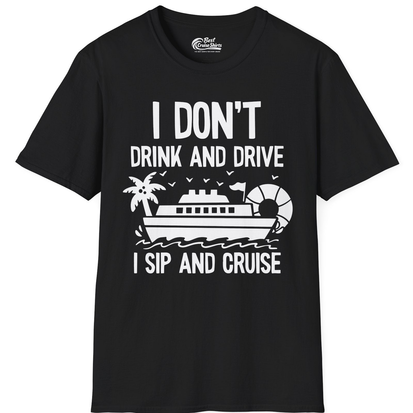 I Sip And Cruise Funny Drinking Shirt With Cruise Ship And Tropics — T-Shirt T-Shirt – Black – Best Cruise Shirts