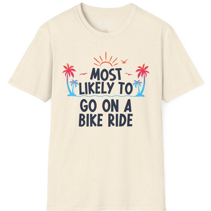 Most Likely To Go On A Bike Ride Tropical Sunset Palm Trees Shirt — T-Shirt T-Shirt – Natural – Best Cruise Shirts