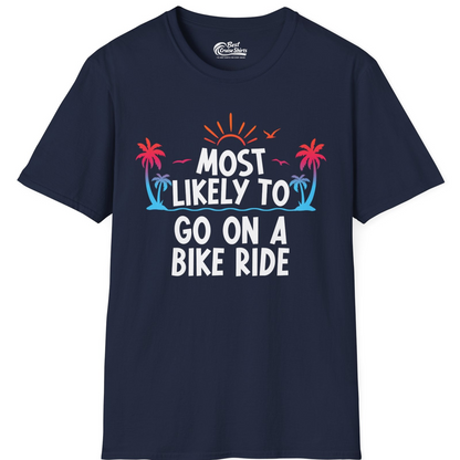 Most Likely To Go On A Bike Ride Tropical Sunset Palm Trees Shirt — T-Shirt T-Shirt – Navy – Best Cruise Shirts