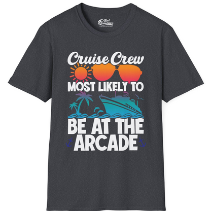 Cruise Crew Most Likely To Be At The Arcade Shirt Tropical Fun — T-Shirt T-Shirt – Dark Heather Grey – Best Cruise Shirts
