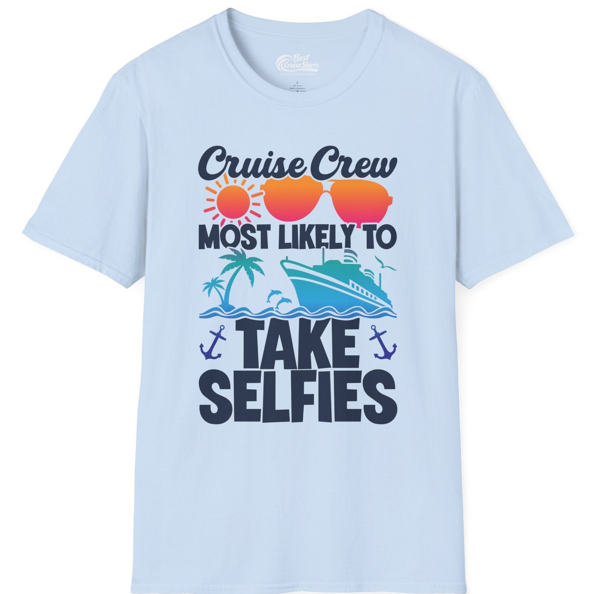 Cruise Crew Most Likely To Take Selfies Tropical Group Shirt — T-Shirt T-Shirt – Light Blue – Best Cruise Shirts
