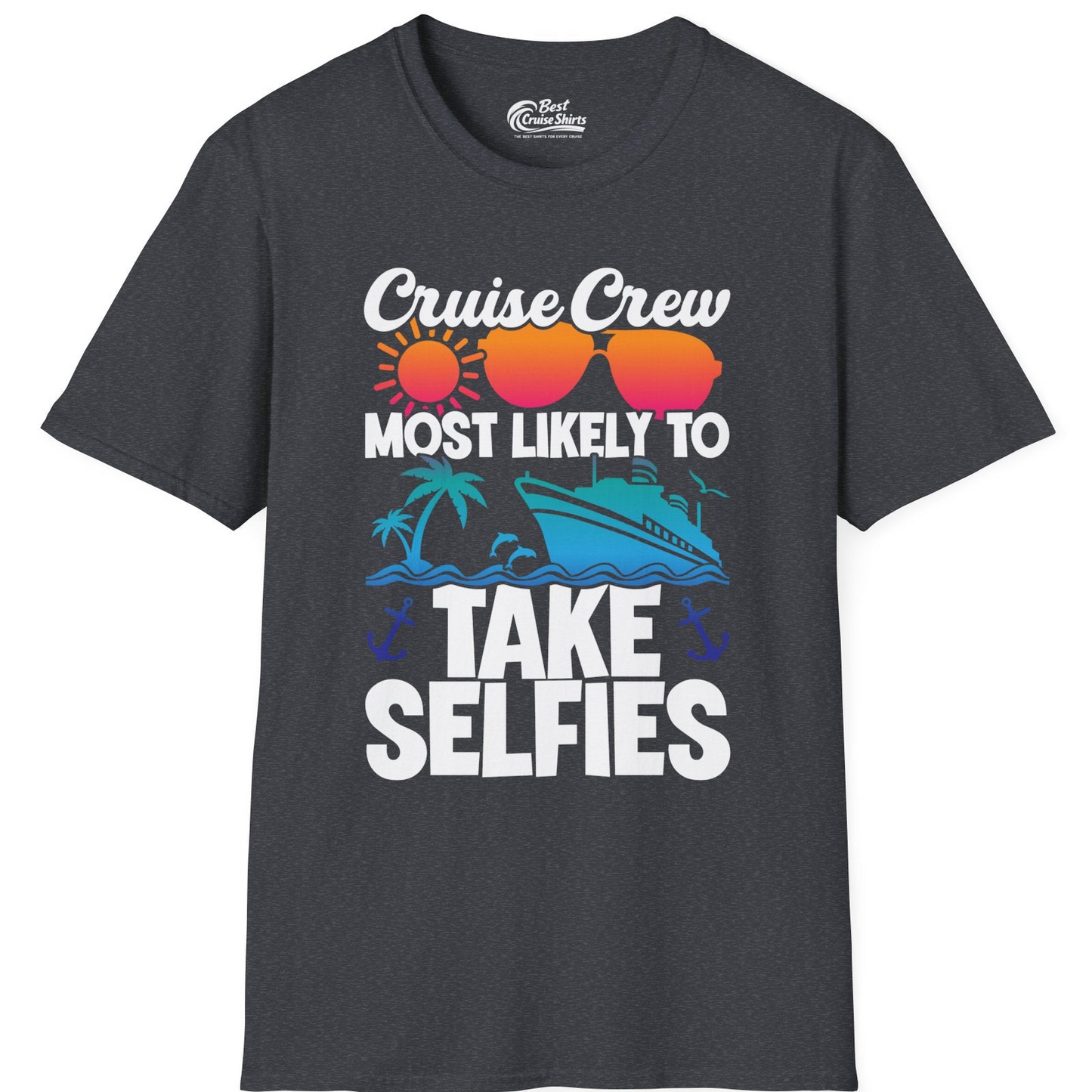 Cruise Crew Most Likely To Take Selfies Tropical Group Shirt — T-Shirt T-Shirt – Dark Heather Grey – Best Cruise Shirts