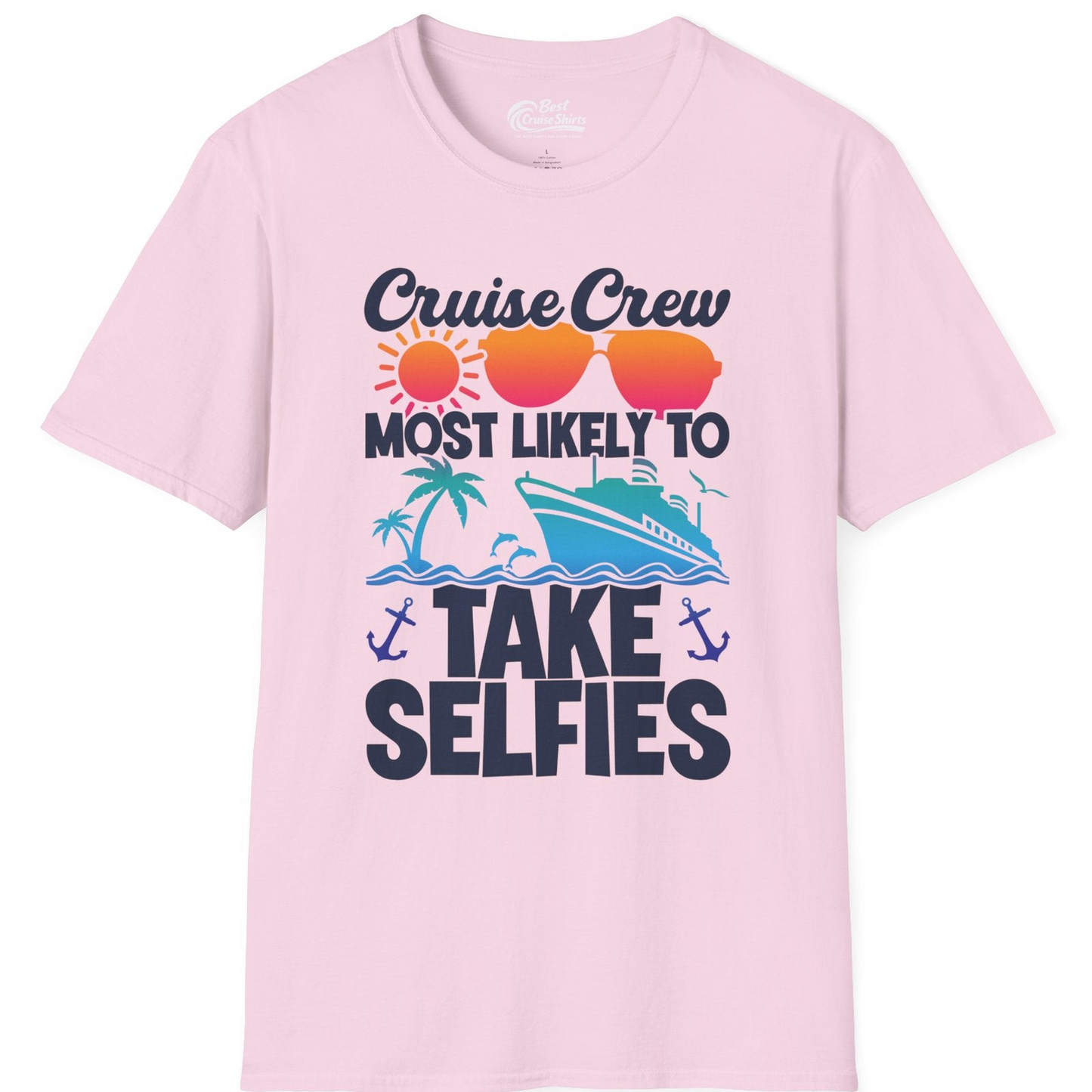 Cruise Crew Most Likely To Take Selfies Tropical Group Shirt — T-Shirt T-Shirt – Light Pink – Best Cruise Shirts