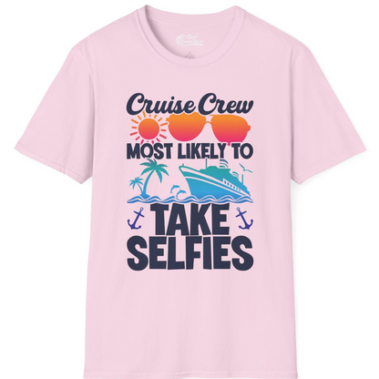 Cruise Crew Most Likely To Take Selfies Tropical Group Shirt — T-Shirt T-Shirt – Light Pink – Best Cruise Shirts