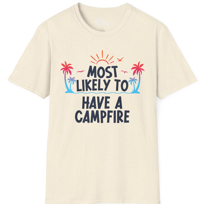 Most Likely to Have a Campfire Tropical Sunset Palm Trees Shirt — T-Shirt T-Shirt – Natural – Best Cruise Shirts