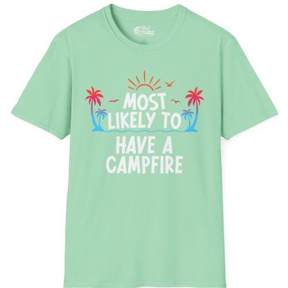 Most Likely to Have a Campfire Tropical Sunset Palm Trees Shirt — T-Shirt T-Shirt – Mint Green – Best Cruise Shirts
