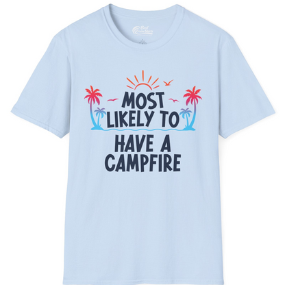 Most Likely to Have a Campfire Tropical Sunset Palm Trees Shirt — T-Shirt T-Shirt – Light Blue – Best Cruise Shirts