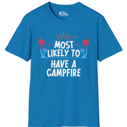 Most Likely to Have a Campfire Tropical Sunset Palm Trees Shirt — T-Shirt T-Shirt – Sapphire – Best Cruise Shirts