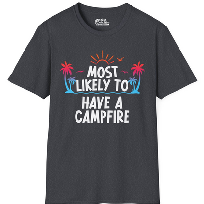 Most Likely to Have a Campfire Tropical Sunset Palm Trees Shirt — T-Shirt T-Shirt – Dark Heather Grey – Best Cruise Shirts