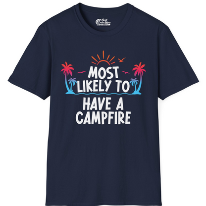 Most Likely to Have a Campfire Tropical Sunset Palm Trees Shirt — T-Shirt T-Shirt – Navy – Best Cruise Shirts
