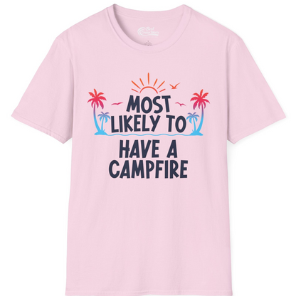 Most Likely to Have a Campfire Tropical Sunset Palm Trees Shirt — T-Shirt T-Shirt – Light Pink – Best Cruise Shirts