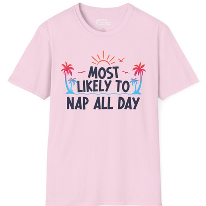 Most Likely To Nap All Day Tropical Sunset Palm Trees Shirt — T-Shirt T-Shirt – Light Pink – Best Cruise Shirts
