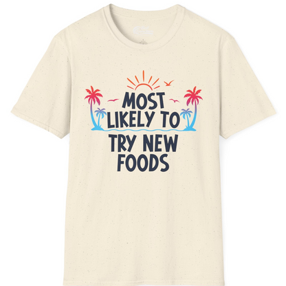 Most Likely To Try New Foods Tropical Palm Tree Sunset Shirt — T-Shirt T-Shirt – Natural – Best Cruise Shirts