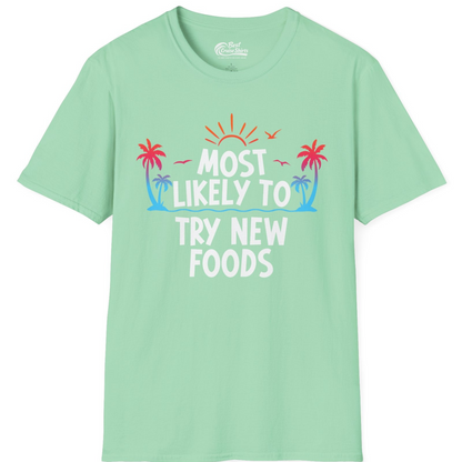 Most Likely To Try New Foods Tropical Palm Tree Sunset Shirt — T-Shirt T-Shirt – Mint Green – Best Cruise Shirts