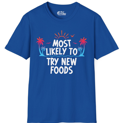 Most Likely To Try New Foods Tropical Palm Tree Sunset Shirt — T-Shirt T-Shirt – Royal – Best Cruise Shirts