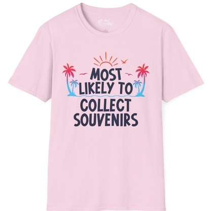 Most Likely To Collect Souvenirs Tropical Palm Tree Beach Shirt — T-Shirt T-Shirt – Light Pink – Best Cruise Shirts