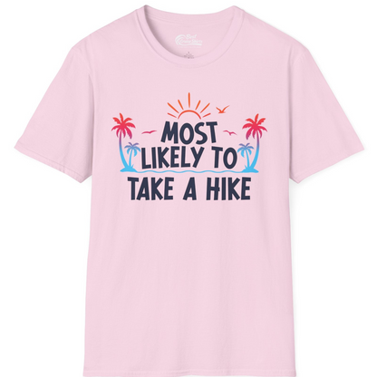 Most Likely To Take A Hike Tropical Palm Trees Sunrise Hiking Shirt — T-Shirt T-Shirt – Light Pink – Best Cruise Shirts