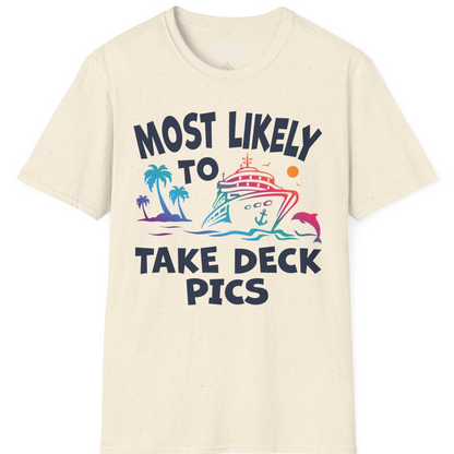 Most Likely To Take Deck Pics Cruise Shirt Tropical Sunset Humor — T-Shirt T-Shirt – Natural – Best Cruise Shirts