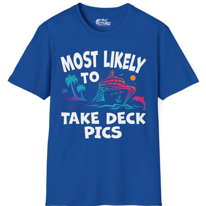 Most Likely To Take Deck Pics Cruise Shirt Tropical Sunset Humor — T-Shirt T-Shirt – Royal – Best Cruise Shirts