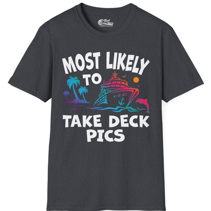 Most Likely To Take Deck Pics Cruise Shirt Tropical Sunset Humor — T-Shirt T-Shirt – Dark Heather Grey – Best Cruise Shirts