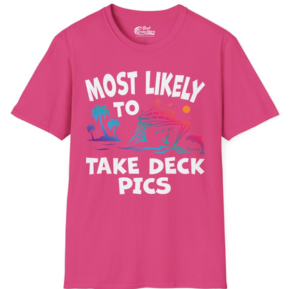 Most Likely To Take Deck Pics Cruise Shirt Tropical Sunset Humor — T-Shirt T-Shirt – Heliconia – Best Cruise Shirts