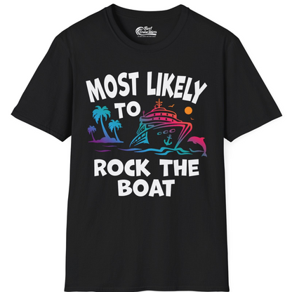 Most Likely to Rock the Boat Cruise Shirt Tropical Sunset Graphic — T-Shirt T-Shirt – Black – Best Cruise Shirts