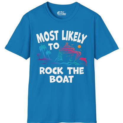 Most Likely to Rock the Boat Cruise Shirt Tropical Sunset Graphic — T-Shirt T-Shirt – Sapphire – Best Cruise Shirts