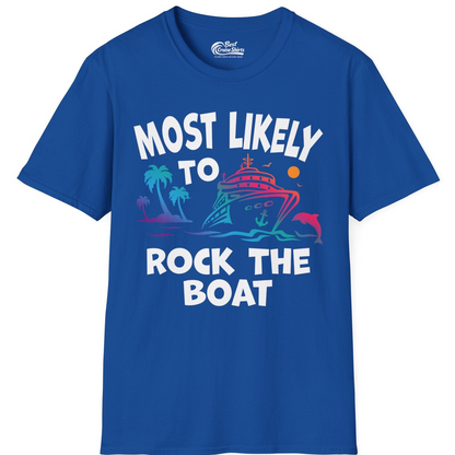 Most Likely to Rock the Boat Cruise Shirt Tropical Sunset Graphic — T-Shirt T-Shirt – Royal – Best Cruise Shirts
