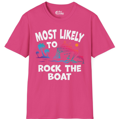 Most Likely to Rock the Boat Cruise Shirt Tropical Sunset Graphic — T-Shirt T-Shirt – Heliconia – Best Cruise Shirts