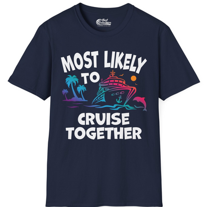 Most Likely To Cruise Together Tropical Sunset Dolphin Shirt — T-Shirt T-Shirt – Navy – Best Cruise Shirts