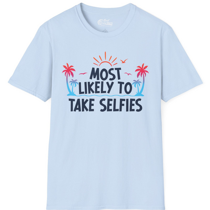 Most Likely to Take Selfies Tropical Sunset Palm Trees Shirt — T-Shirt T-Shirt – Unknown – Best Cruise Shirts