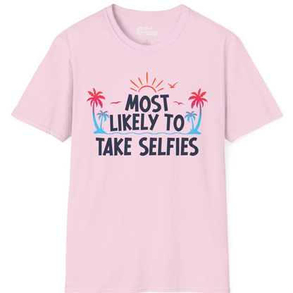 Most Likely to Take Selfies Tropical Sunset Palm Trees Shirt — T-Shirt T-Shirt – Unknown – Best Cruise Shirts