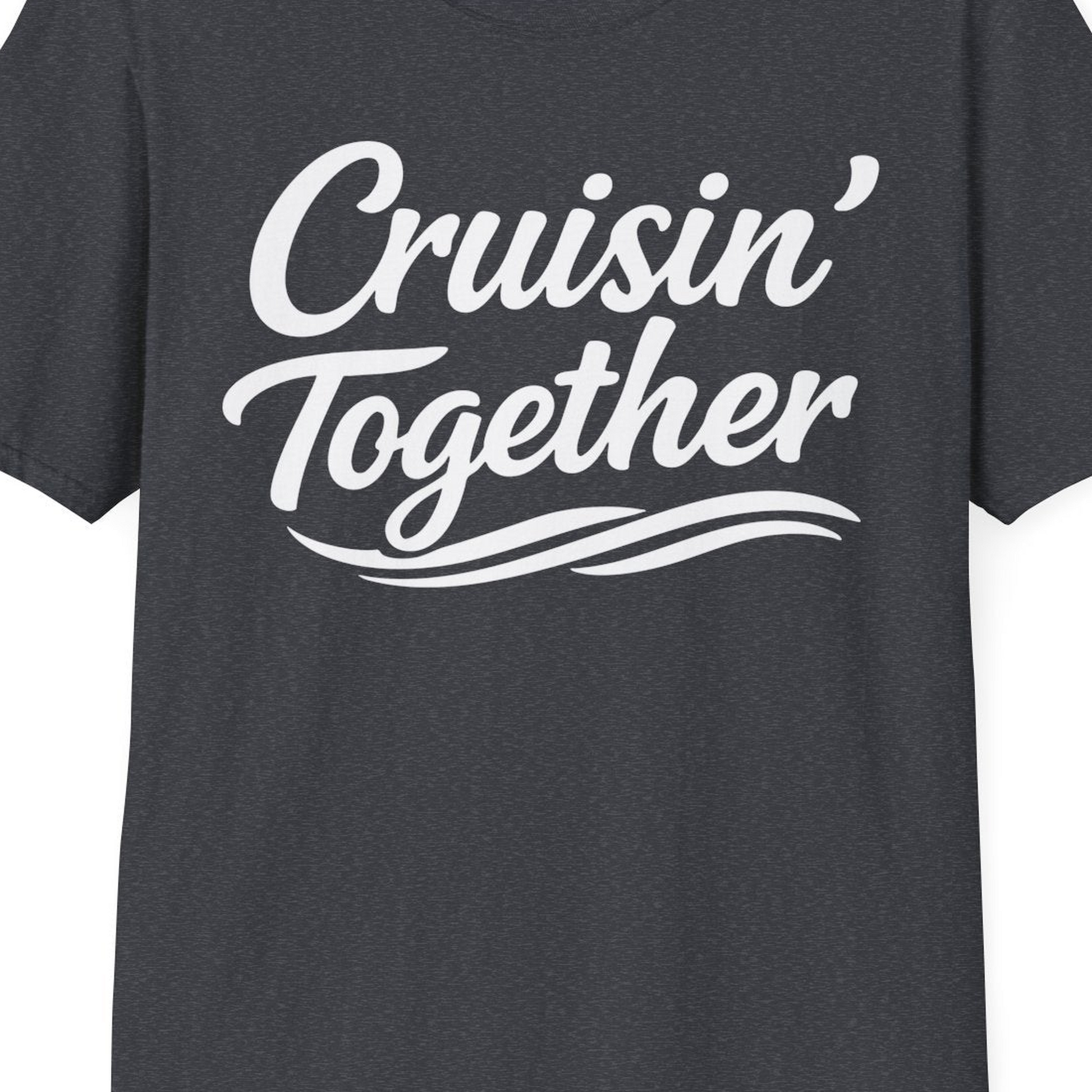 Cruisin Together Group Unity Shirt with Bold Script and Wave Design — T-Shirt T-Shirt – Dark Heather Grey – Best Cruise Shirts Close Up