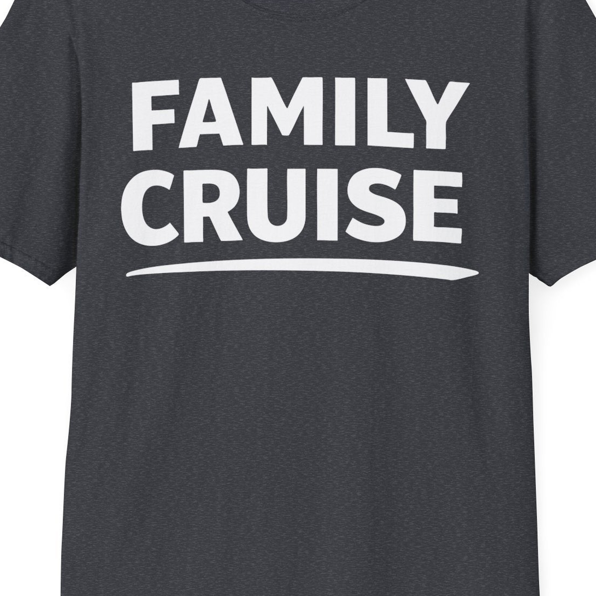 Family Cruise Celebration Bold Lettering Group Trip Shirt — T-Shirt T-Shirt – Dark Heather Grey – Best Cruise Shirts Close Up