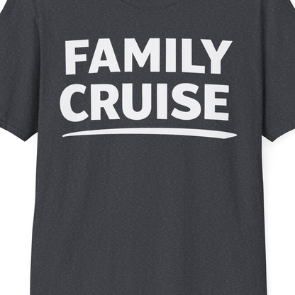 Family Cruise Celebration Bold Lettering Group Trip Shirt — T-Shirt T-Shirt – Dark Heather Grey – Best Cruise Shirts Close Up