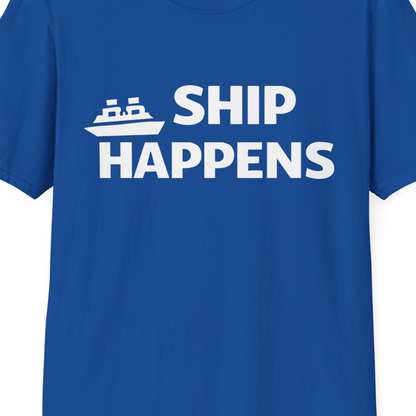 Ship Happens Funny Cruise Shirt With Bold Graphic Ship Pun Design — T-Shirt T-Shirt – Royal – Best Cruise Shirts Close Up