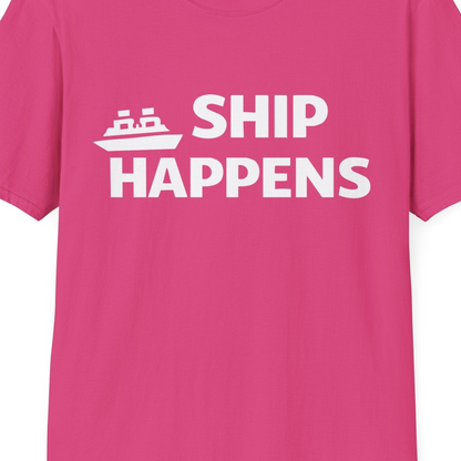 Ship Happens Funny Cruise Shirt With Bold Graphic Ship Pun Design — T-Shirt T-Shirt – Heliconia – Best Cruise Shirts Close Up