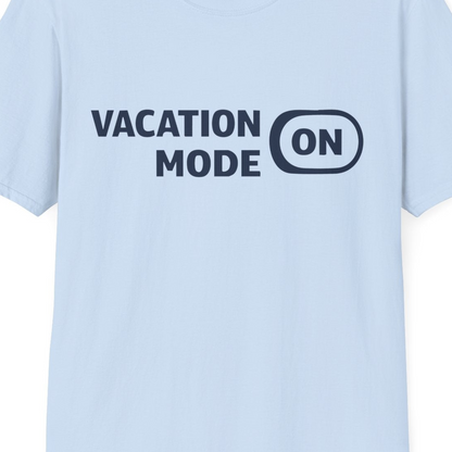 Vacation Mode On Minimalist Switch Graphic Funny Travel Shirt — T-Shirt T-Shirt – Light Blue – Best Cruise Shirts Close Up