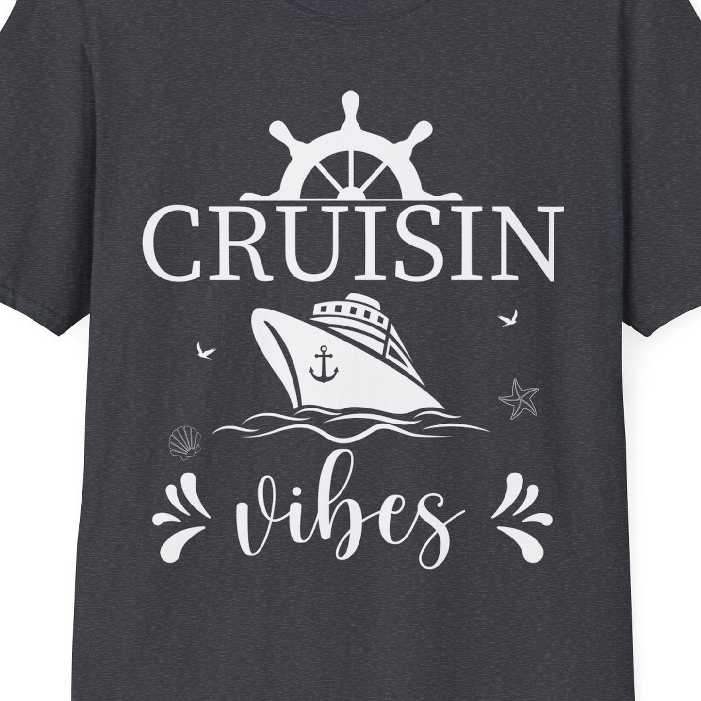 Cruisin Vibes Nautical Ocean Adventure Shirt T-Shirt – Dark Heather Grey – Best Cruise Shirts Close Up