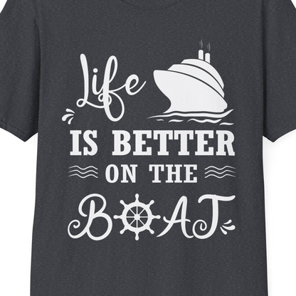 Life Is Better On The Boat Nautical Cruise Ship Shirt — T-Shirt T-Shirt – Dark Heather Grey – Best Cruise Shirts Close Up