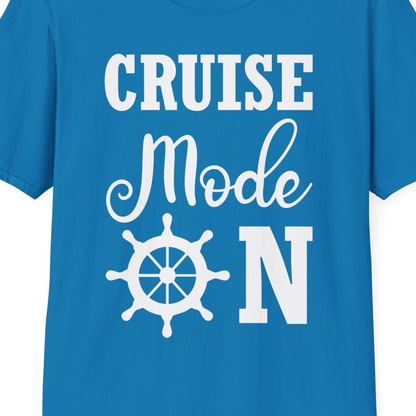 Cruise Mode On Shirt With Nautical Wheel Bold Vacation Design — T-Shirt T-Shirt – Sapphire – Best Cruise Shirts Close Up