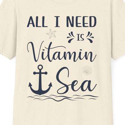 All I Need Is Vitamin Sea Nautical Beach Pun Shirt with Anchor Art — T-Shirt T-Shirt – Natural – Best Cruise Shirts Close Up