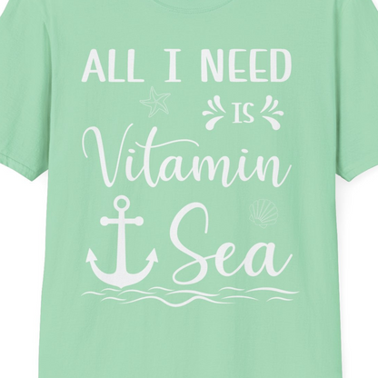 All I Need Is Vitamin Sea Nautical Beach Pun Shirt with Anchor Art — T-Shirt T-Shirt – Mint Green – Best Cruise Shirts Close Up