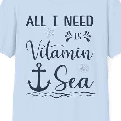 All I Need Is Vitamin Sea Nautical Beach Pun Shirt with Anchor Art — T-Shirt T-Shirt – Light Blue – Best Cruise Shirts Close Up